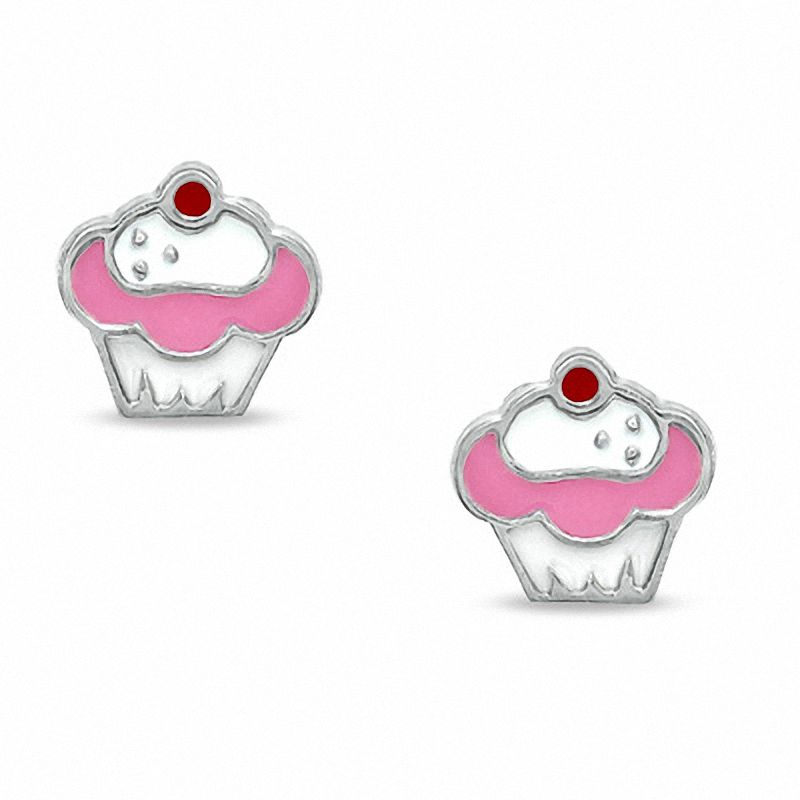 Child's Enamel Cupcake Stud Earrings in Sterling Silver
