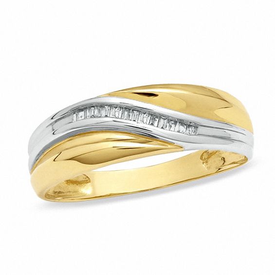 1/15 CT. T.W. Baguette Diamond Curved Slant Wedding Band in 10K Two-Tone Gold - Size 10.5