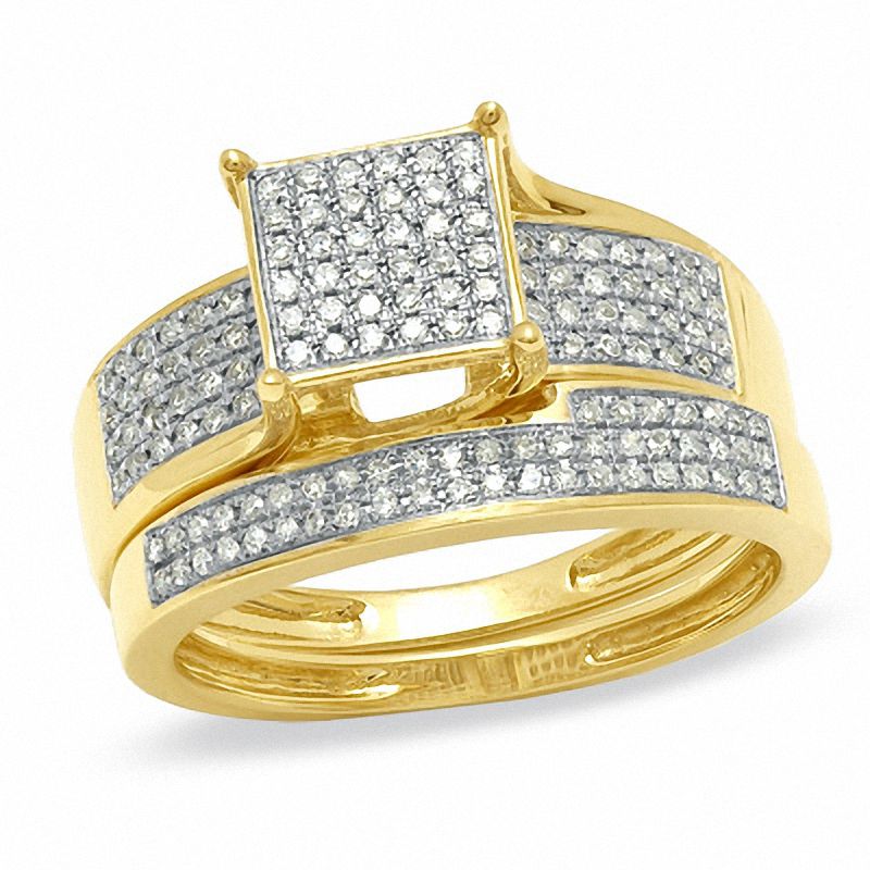 3/8 CT. T.W. Square Composite Diamond Multi-Row Bridal Set in 10K Gold