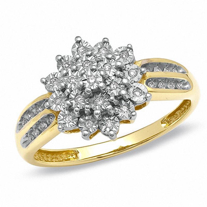 1/10 CT.T.W. Diamond Cluster Flower Ring in 10K Gold - Size 7