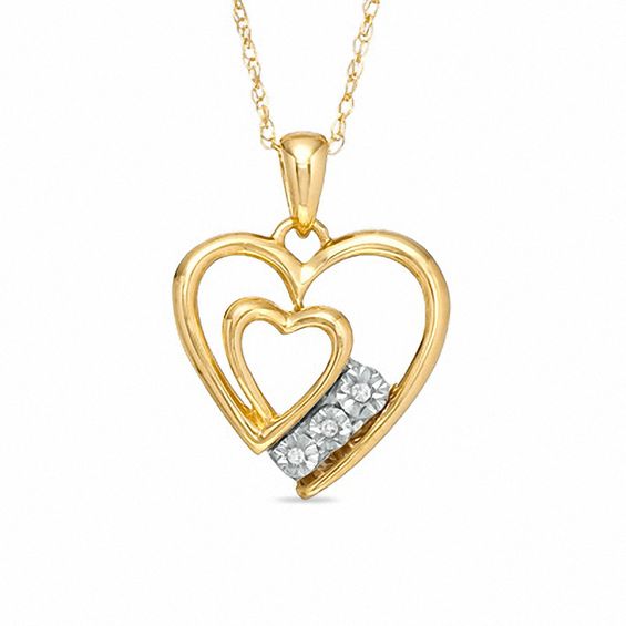 Diamond Accent Three Stone Double Heart Pendant in 10K Gold