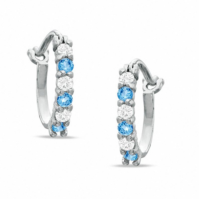 Main Image 1 of Blue Topaz and CZ Hoop Earrings in Sterling Silver