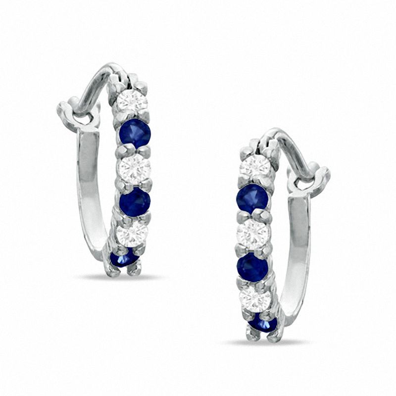 Main Image 1 of Lab-Created Sapphire and CZ Hoop Earrings in Sterling Silver