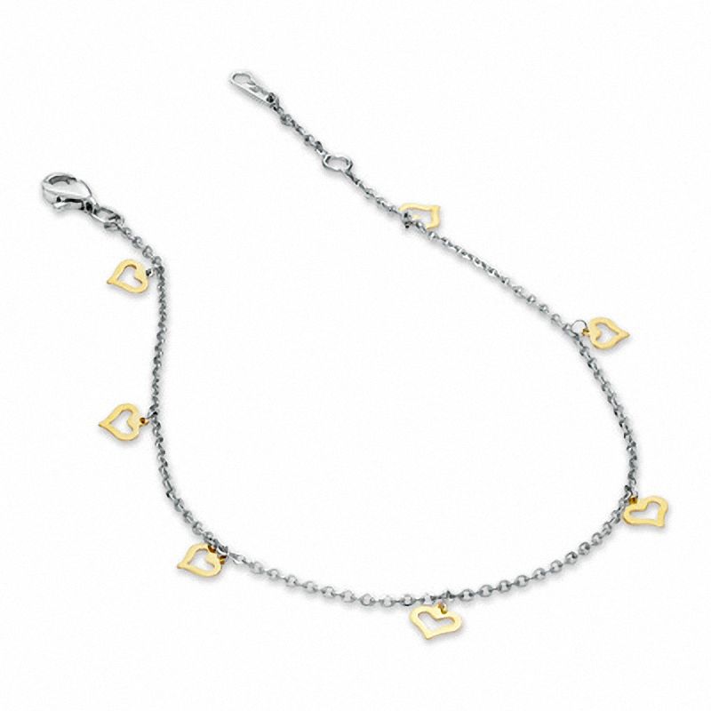 10K Gold over Sterling Silver Dangling Heart Anklet - 10"