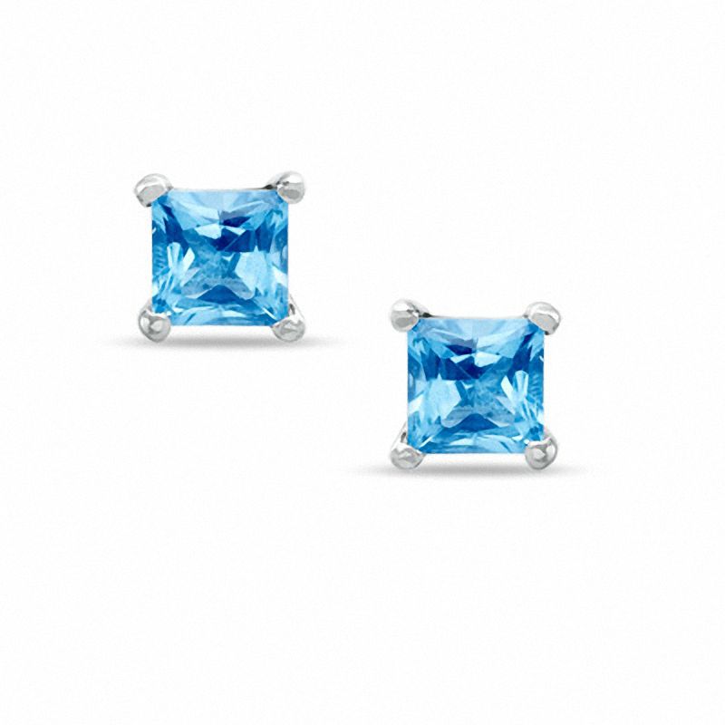 Main Image 1 of 4mm Princess-Cut Blue Topaz Stud Earrings in Sterling Silver
