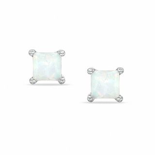 4mm Princess-Cut Simulated Opal Stud Earrings in Sterling Silver