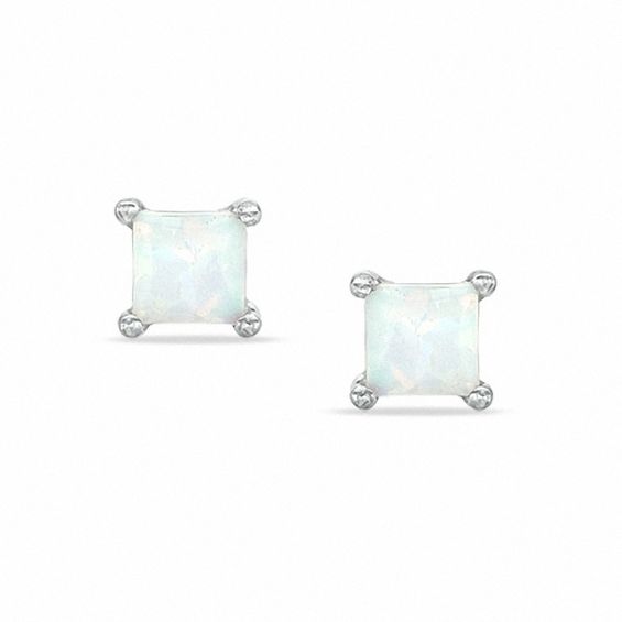 4mm Princess-Cut Simulated Opal Stud Earrings in Sterling Silver