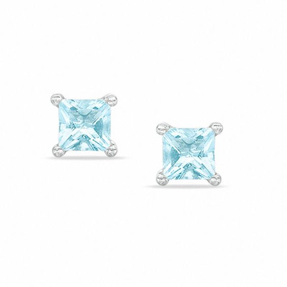 4mm Princess-Cut Simulated Aquamarine Stud Earrings in Sterling Silver