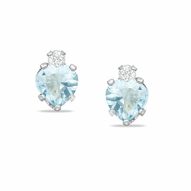 5mm Heart-Shaped Simulated Aquamarine Stud Earrings in Sterling Silver with CZ