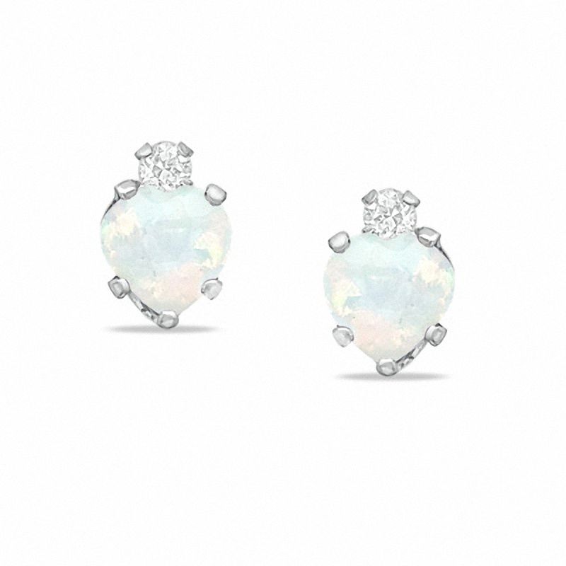 5mm Heart-Shaped Simulated Opal Stud Earrings in Sterling Silver with CZ