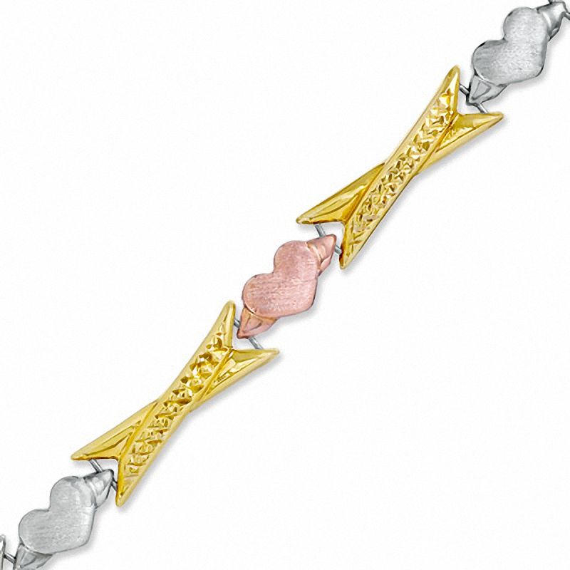 Main Image 1 of Elongated "X" and Heart Stampato Bracelet in Sterling Silver with 10K Tri-Tone Gold Plate - 7.25"