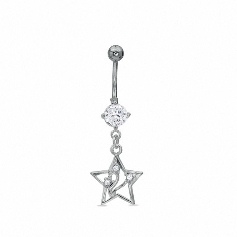 014 Gauge Star Dangle Belly Button Ring with Cubic Zirconia in Stainless Steel