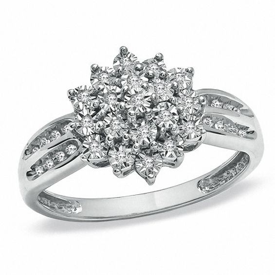 1/10 CT. T.W. Diamond Sunburst Ring in 10K White Gold - Size 7
