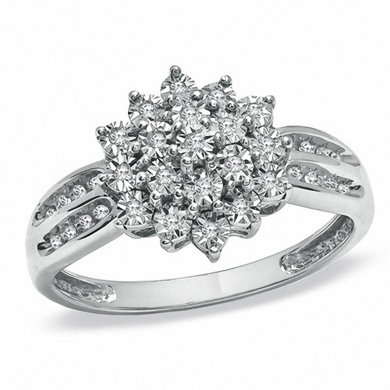 1/10 CT. T.W. Diamond Sunburst Ring in 10K White Gold - Size 7