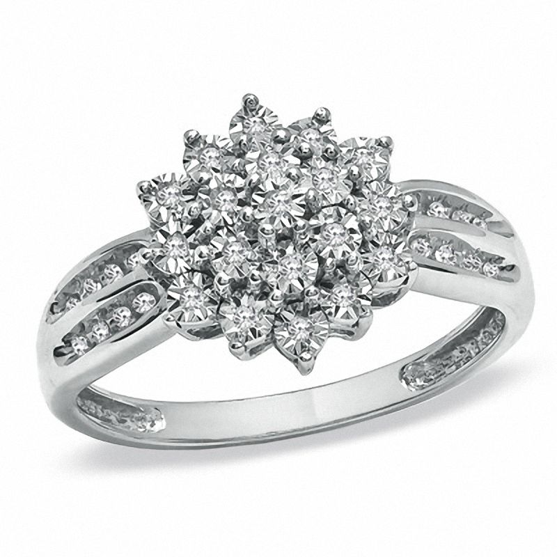 Main Image 1 of 1/10 CT. T.W. Diamond Sunburst Ring in 10K White Gold - Size 7