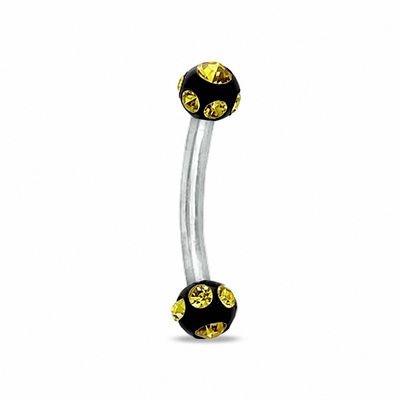 016 Gauge Yellow UV Acrylic Curved Barbell with Crystals in Stainless Steel