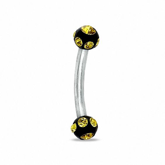 016 Gauge Yellow UV Acrylic Curved Barbell with Crystals in Stainless Steel