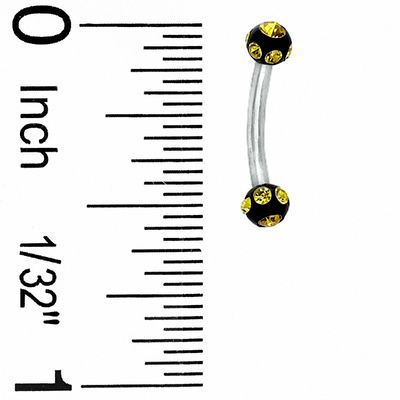 016 Gauge Yellow UV Acrylic Curved Barbell with Crystals in Stainless Steel