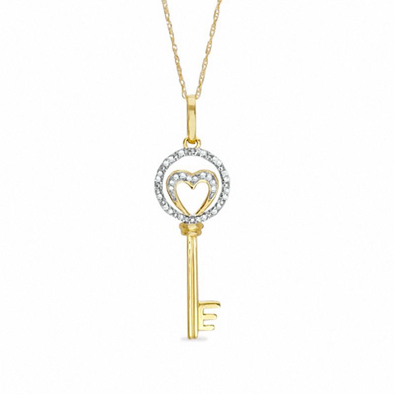 1/10 CT. T.W. Diamond Open Circle Open Heart Key Pendant in 10K Gold