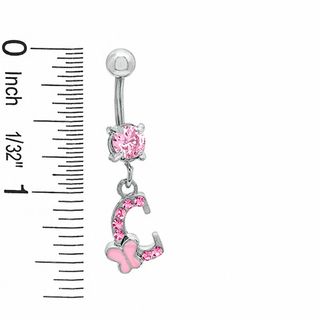 014 Gauge Butterfly "C" Belly Button Ring with Pink Crystals in Stainless Steel