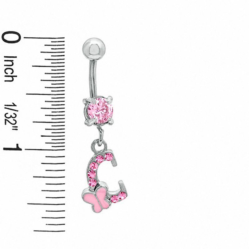 014 Gauge Butterfly "C" Belly Button Ring with Pink Crystals in Stainless Steel