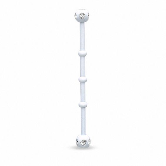 014 Gauge White Enamel Industrial Barbell with Crystals in Stainless Steel