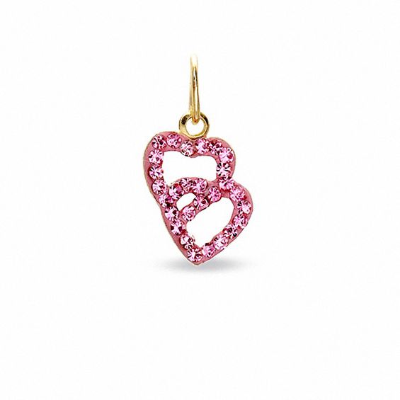 Pink Crystal Double Heart Charm in 10K Gold