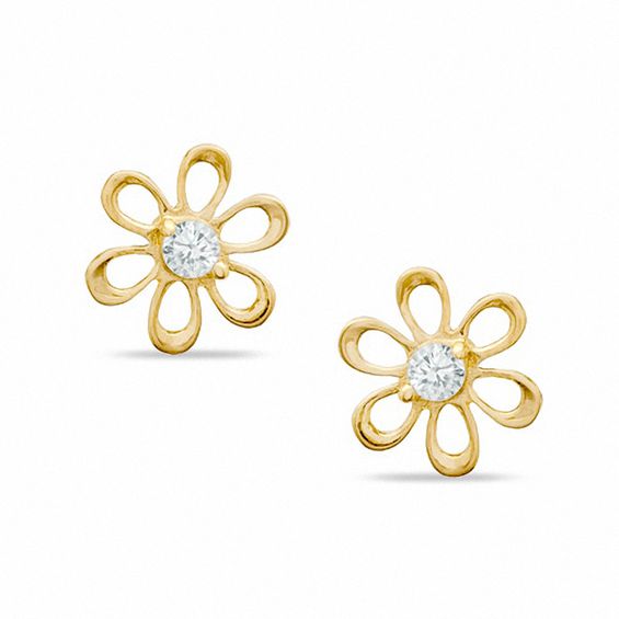 Cubic Zirconia Flower Stud Earrings in 10K Gold