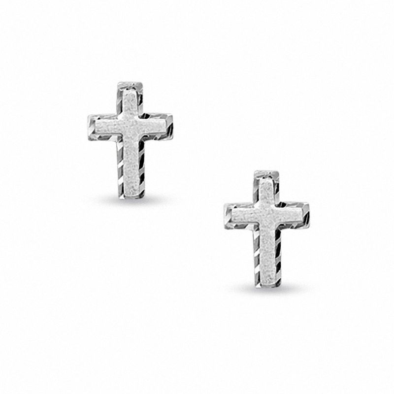 10K White Gold Diamond-Cut Cross Stud Earrings