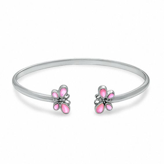 Child's Adjustable Pink Mother-of-Pearl Butterfly Bangle in Sterling Silver