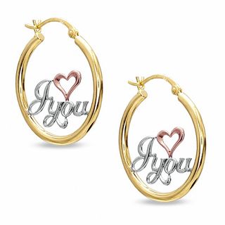 I Love You Hoop Earrings in 10K Tube Hollow Tri-Tone Gold