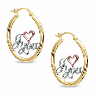 I Love You Hoop Earrings in 10K Tube Hollow Tri-Tone Gold
