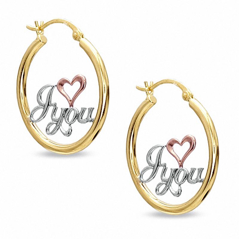 I Love You Hoop Earrings in 10K Tube Hollow Tri-Tone Gold