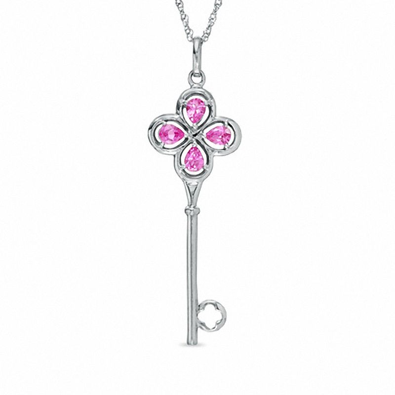 Lab-Created Pink Sapphire Flower Key Pendant in Sterling Silver