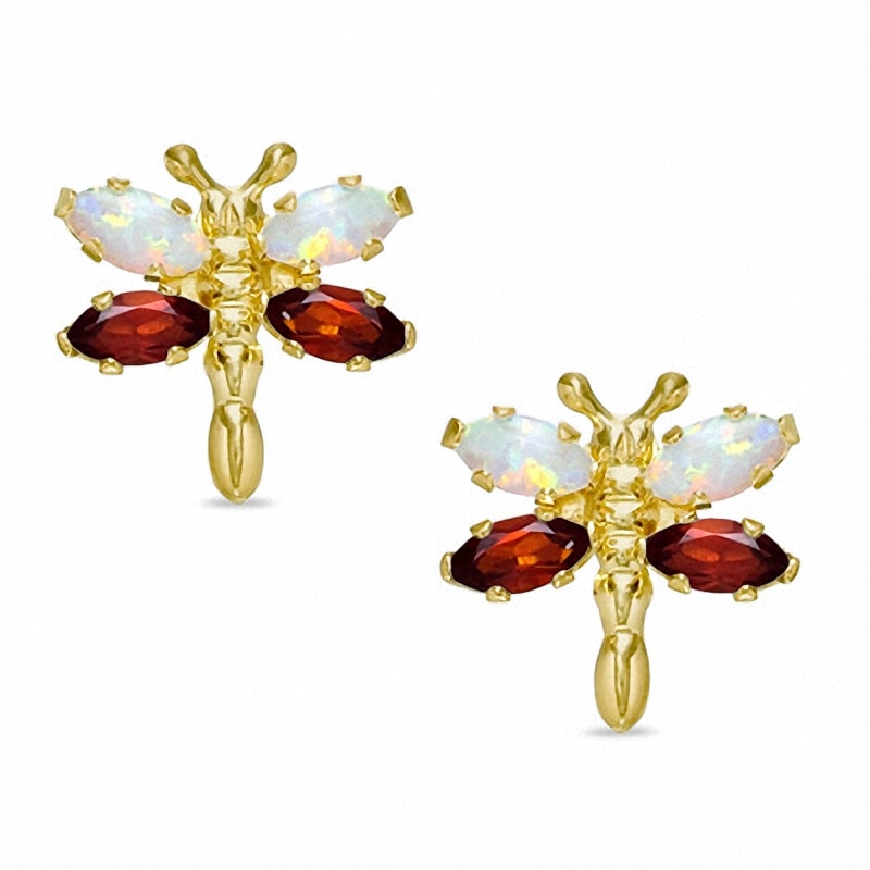 Simulated Opal and Garnet Dragonfly Stud Earrings in 10K Gold