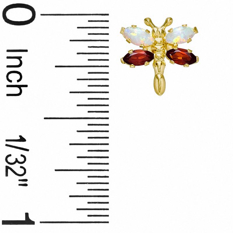 Simulated Opal and Garnet Dragonfly Stud Earrings in 10K Gold