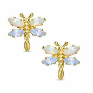 Simulated Opal and Aquamarine Dragonfly Stud Earrings in 10K Gold