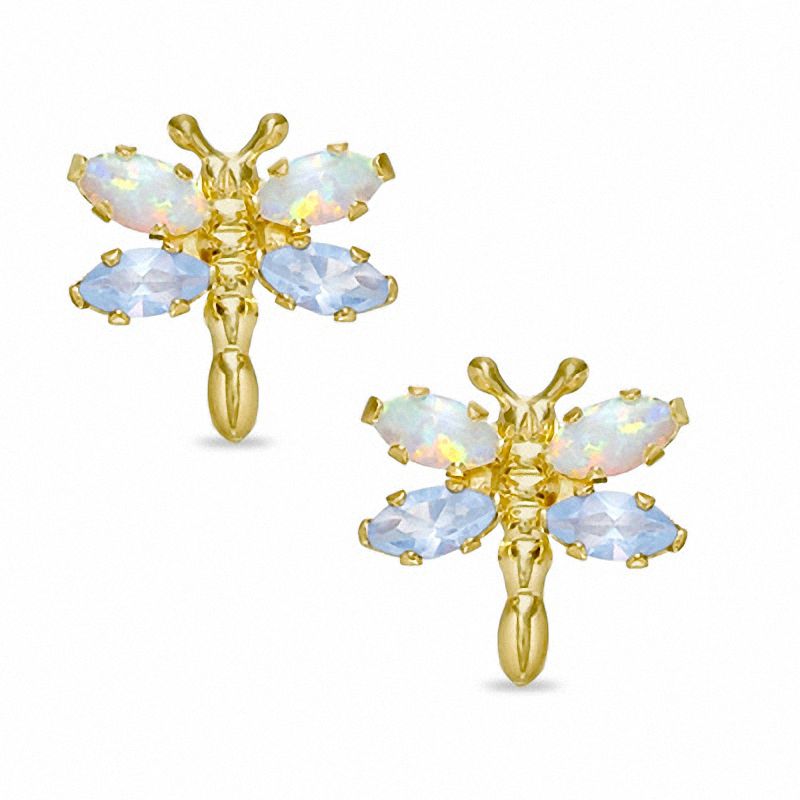 Simulated Opal and Aquamarine Dragonfly Stud Earrings in 10K Gold