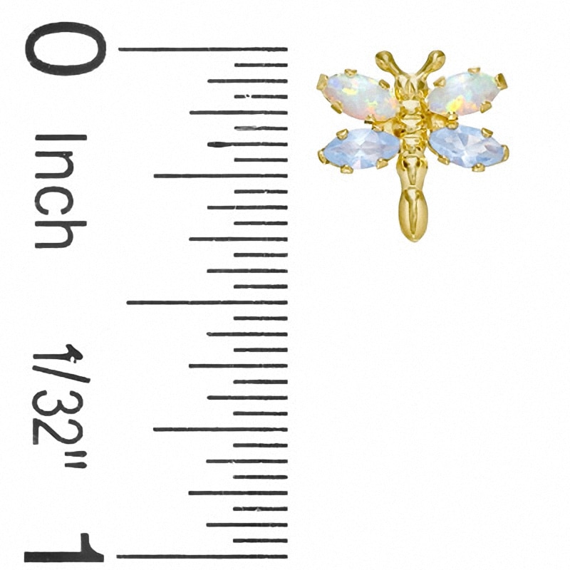 Simulated Opal and Aquamarine Dragonfly Stud Earrings in 10K Gold