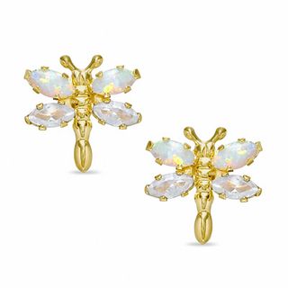 Simulated Opal and Lab-Created White Topaz Dragonfly Stud Earrings in 10K Gold