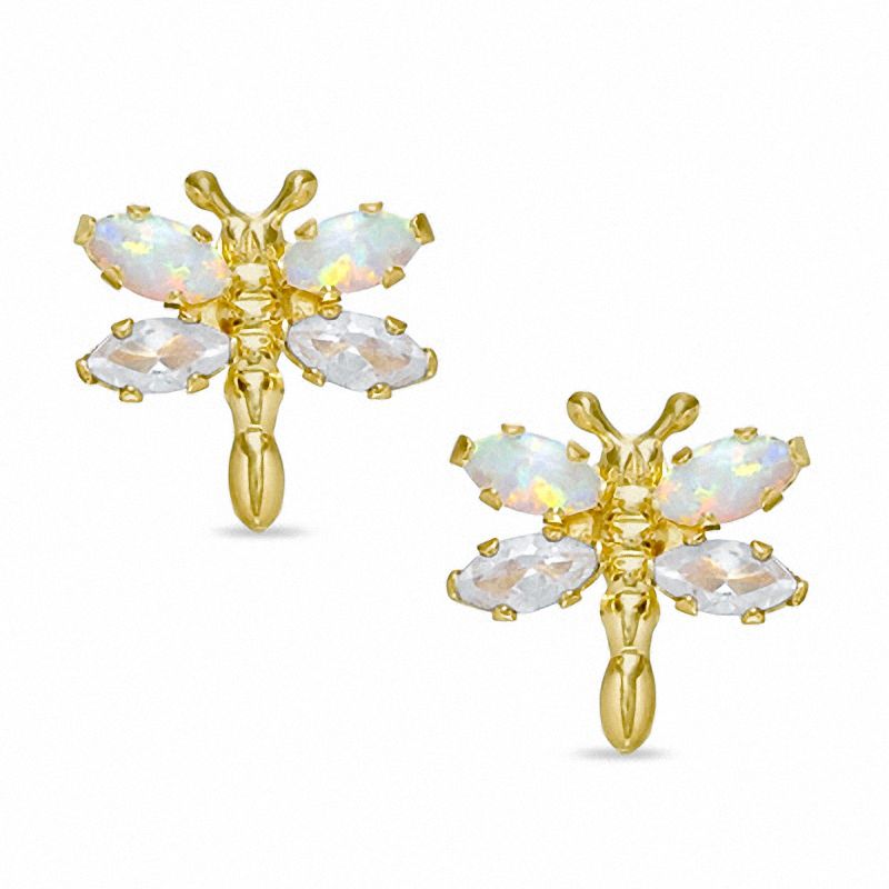 Main Image 1 of Simulated Opal and Lab-Created White Topaz Dragonfly Stud Earrings in 10K Gold