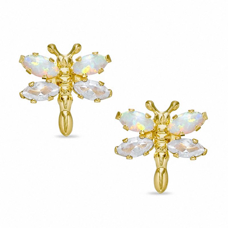 Simulated Opal and Lab-Created White Topaz Dragonfly Stud Earrings in 10K Gold