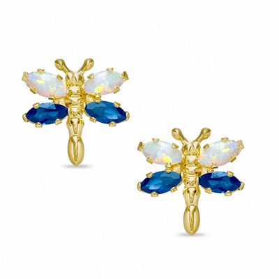 Simulated Opal and Lab-Created Sapphire Dragonfly Stud Earrings in 10K Gold