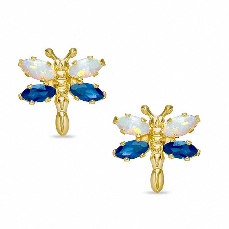 Simulated Opal and Lab-Created Sapphire Dragonfly Stud Earrings in 10K Gold