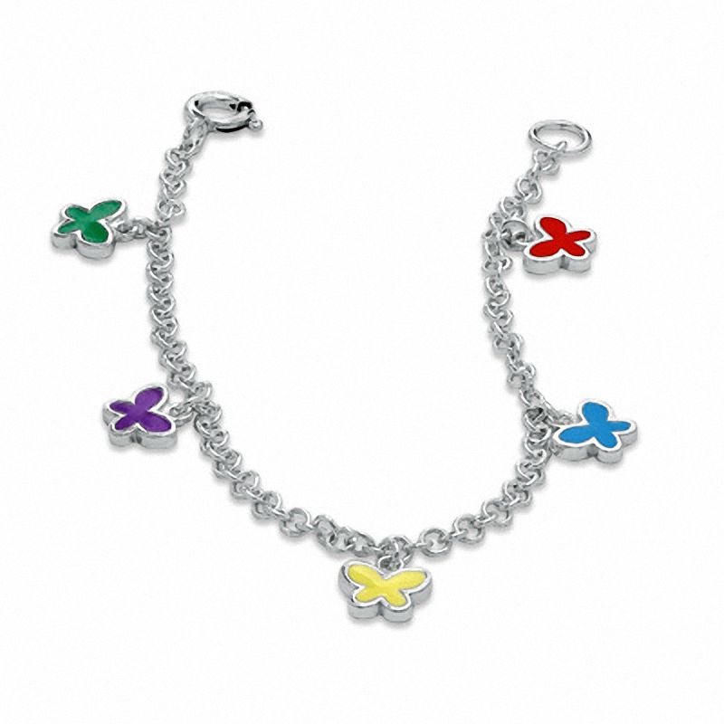 Main Image 1 of Child's Multi-Color Enamel Butterfly Charm Bracelet in Sterling Silver - 5.5"
