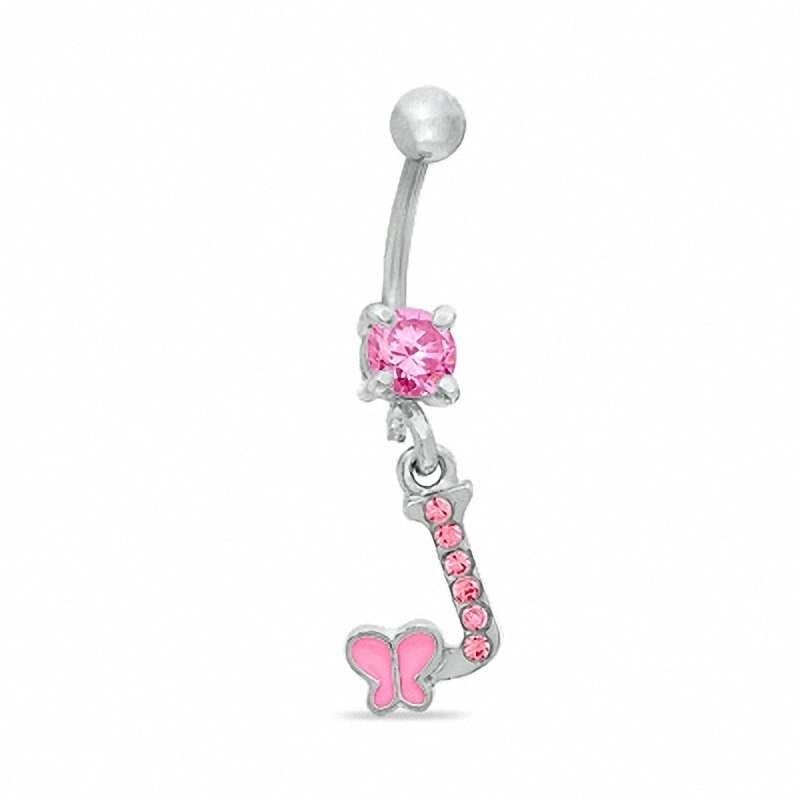 014 Gauge "J" and Butterfly Belly Button Ring with Pink Crystals in Stainless Steel