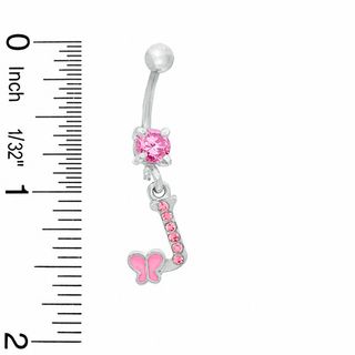 014 Gauge "J" and Butterfly Belly Button Ring with Pink Crystals in Stainless Steel
