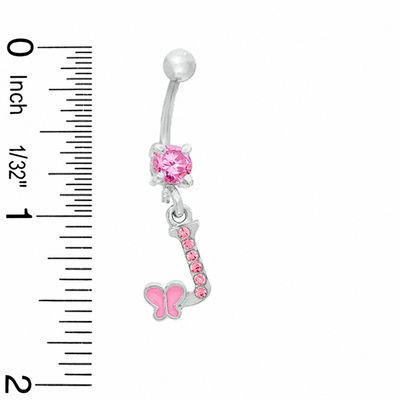 014 Gauge "J" and Butterfly Belly Button Ring with Pink Crystals in Stainless Steel