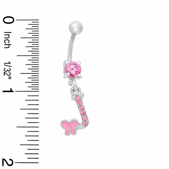 014 Gauge "J" and Butterfly Belly Button Ring with Pink Crystals in Stainless Steel