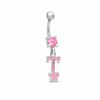 014 Gauge "T" and Butterfly Belly Button Ring with Pink Crystals in Stainless Steel
